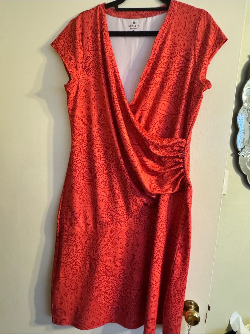 Athleta Coral-Red Paisley Wrap Midi Dress